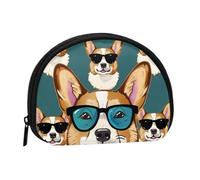 Cute Corgi Glasses and Mustaches Printed Mini Coin Pouch, Shell Shape Zip Around Wallet, Small Zipper Pouch for Cash, Cards, Keys, Lipstick, Storage Pouch, Travel Organizer