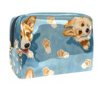 Cute Corgi Pawprints on Blue Cosmetic Bag for Women, Travel Toiletries Bags Large PVC Makeup Handy Pouch Organiser with Zipper