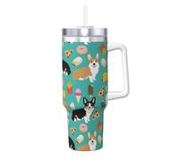 Cute Corgi Print 40oz with Straw and Lid, Stainless Steel Double Wall Vacuum Insulated Coffee Mug for Hot and Cold Coffee, Travel Mug with Handle