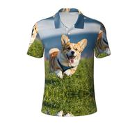Cute Corgi Print Men's Polo Shirts Golf Short Sleeve Shirts Casual Collared T-Shirt for Everyday Formal, Black, Large