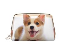 Cute Corgi Print Premium Leather Toiletry Travel Pouch with Waterproof Portable Pouch Open Flat Makeup Bag