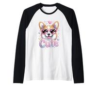 Cute Corgi Y2K Airbrush Style Heart Sunglasses Dog Lover Raglan Baseball Tee