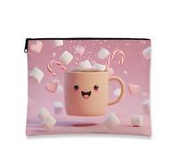 Cute Cosmetic Bag, Peach Cup Design with Hearts and Candy Canes, Portable Small Zipper Pouch, Holiday Skincare Organizer 7x9 Inch