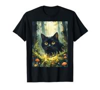 Cute Cottagecore Black Cat Watercolour Art Magical Forest T-Shirt