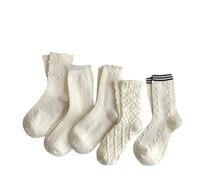 Cute Cottagecore Floral Lace Ruffle Women's Ankle Socks - 5 Pair Beige Japanese Kawaii Cable Knit Frilly Socks, White, One size