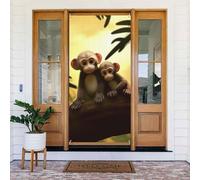 Cute Couple Monkey Door Cover Decorations, Welcome Door Banner Backdrop Seasonal Spring Summer Porch Banner Sign Photo Background for Indoor Outdoor Party Decor 72.8 x 35.4 Inch