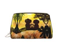 Cute Couple Monkey Print Leather Cosmetic Pouch, Leather Makeup Bag for Purse with Top Zip Closure Stylish Toiletry Bag