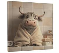 Cute Cow Bath Canvas Wall Art, Beige Brown Farm Animal Poster Prints, Fanciful Bath Wall Art Home Decor For Living Room, Bedroom, Bathroom, Dorm, Wrapped Canvas 12x12 Inch