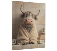 Cute Cow Bath Canvas Wall Art, Beige Brown Farm Animal Poster Prints, Fanciful Bath Wall Art Home Decor For Living Room, Bedroom, Bathroom, Dorm, Wrapped Canvas 8x10 Inch