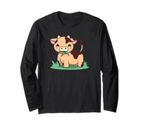 Cute Cow Eating Grass Cartoon Animal Illustration Long Sleeve T-Shirt