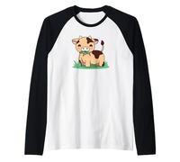 Cute Cow Eating Grass Cartoon Animal Illustration Raglan Baseball Tee