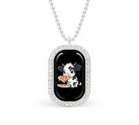 Cute Cow Eating Pizza Necklace Gift for Women White Diamond Necklaces Sparkling Rectangular Pendant with Chain