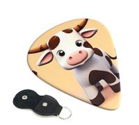 Cute Cow Guitar Picks 6 Pack with Leather Guitar Pick Holder Keychain, Plectrum Key Fob Cases Bag, Abstract Art Plectrum for Acoustic Electric Guitar, Ukulele 0.96mm