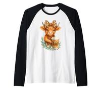 Cute Cow Holding Coffee Highland Cow with Leopard Bow Raglan Baseball Tee