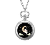 Cute Cow Jumping Over The Moon Vintage Pocket Watch with Chain Arabic Numerals Scale Quartz Pocket Watches Gifts for Men Women