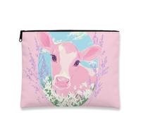 Cute Cow Makeup Bag, Pastel Animal Illustration Cosmetic Travel Pouch for Women, Portable Peach Zipper Clutch, Farmhouse Gift Skincare Toiletry Organizer, Peach, 7x9 Inch, Cow