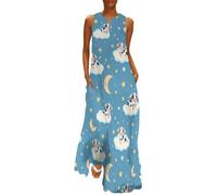 Cute Cow Moon Star Women's Casual Sleeveless Dress V-Neck Maxi Sundress with Pockets 3XL