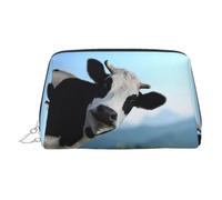 Cute Cow Print Leather Cosmetic Pouch, Leather Makeup Bag for Purse with Top Zip Closure Stylish Toiletry Bag