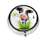 Cute Cow Print Pill Box Purse Small Round Pill Case Decorative Box Metal Medicine Vitamin Pill Organizer for Pocket Or Purse