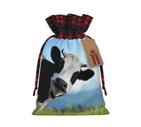 Cute Cow Print Plaid Burlap Bag With Drawstring Christmas Burlap Pouches For Birthday Party Favors Gift