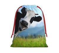 Cute Cow Print Santa Sack Drawstring Bags For Presents, Reusable Plush Holiday Fabric Gift Bags- L Size