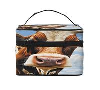 Cute Cow -Print Waterproof Large Cosmetic Bag for Travel & Gym, Makeup Organizer with 4 Elastic Straps & Compartments,Premium Twill Fabric.