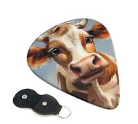 Cute Cow Printed Guitar Picks, 6 Pack with Leather Keychain Pick Holder - 0.46mm, 0.71mm, 0.96mm Assorted Thickness for Acoustic Ukulele, Electric Guitar, Acoustic Guitar, Bass