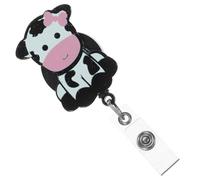 Cute Cow Retractable Badge Holder Clip with Alligator Fastening | Black Metal and ABS Construction, Rotating Reel, Key Ring, Secure Belt Attachment, Suitable for Lanyards, Events and Trade