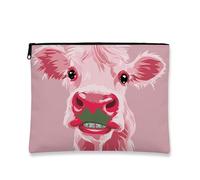 Cute Cow Shape Makeup Bag for Women Small Portable Canvas Makeup Pouch with Zipper Travel Gift Funny Farm Style Toiletry Bag, peach, 7x9 Inch, Cow