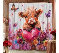 Cute Cow Shower Curtain, Colorful Art Print Cow Heart Shower Curtain for Bathroom Decor, Spring Summer Modern Rustic Waterproof Fabric Shower Curtain Set with Hooks 72x78 Inch
