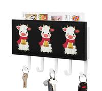 Cute Cow with Bell Leather Key Holder for Wall Decorative with 5 Hooks & Mail Organizer Entryway Keys Rack