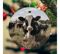 Cute Cows Christmas Ornament for Christmas Tree Ceramic Round Ornament Winter Holiday Keepsake Gift 2.7" Christmas Tree Hanging Decorations Circle Ceramic Pendant Xmas Gift