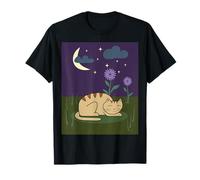 Cute Creamy cat Sleeping Under Moon, Surrounded by Flowers. T-Shirt