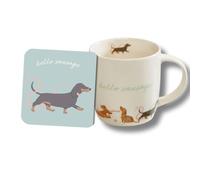 Cute CREATIONS Dog Design Mug with Matching Coaster, 350ml Cup & Drink Coaster Gift Set for Dog Lovers - Ceramic Tea & Coffee Mug with Cute Pet Design (Dachshund)