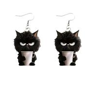 Cute Creative Angry Black Cat Holding Cup Acrylic Dangle Drop Earrings for Women Cartoon Animals Lightweight Hook Dangling Earring Funny Halloween Party Jewelry Gifts Decoration Charm