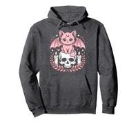 Cute Creepy Cat Bat Skeleton Kawaii Goth Pullover Hoodie, Adult Unisex, Dark Heather Grey, Large