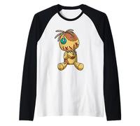 Cute Creepy Voodoo Doll Button Eye Stitch Plush Graphic Raglan Baseball Tee