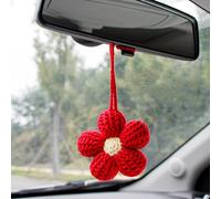 Cute Crochet Flower Car Decor - Handmade Knitted Daisy Rear View Mirror Hanging Accessories (Red)