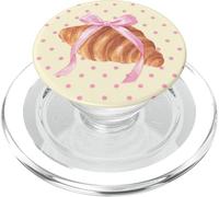 Cute Croissant Pink Bow Coquette Polka Dot On Yellow Butter PopSockets PopGrip for MagSafe