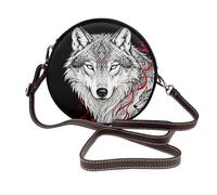 Cute Cross Body Bag Circle Purse Pu Leather Bags, Wolf Ethnic Black Red, One Size
