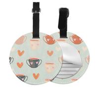 Cute Cup Round Luggage Tag 2PCS Coffee Heart PU Leather Travel Bag Tag ID Labels Name Card Holder wtih Buckle for Luggage Suitcase Backpacks