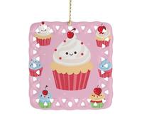 Cute Cupcake Ceramic Christmas Ornament Xmas Tree Hanging Pendant Double Sided Pattern Festive Square Ornament Holiday Home Party Decoration Gifts