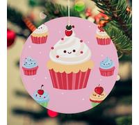 Cute Cupcake Christmas Ceramic Ornaments with Gold String - 2.8 Inch Round Double-Sided Porcelain Xmas Tree Decor for Fireplace Mantel, Farmhouse Winter Holiday Hanging Ornaments