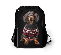 Cute Dachshund Dog in Christmas Sweater Trendy Drawstring Backpack Lightweight Gym Bag with Shoes Compartment Printed String Daypack