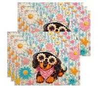 Cute Dachshund Dog Placemats, Colorful Floral and Star Pattern Dining Table Mats, Summer Fun Non-Slip Washable Indoor Outdoor Kitchen Party Decorative Placemat Set of 6