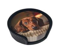 Cute Dachshund Dog Print Leather Coasters Set Of 6 Round Shaped Drinks Coasters With Holder For Home Office Bar