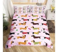 Cute Dachshund Double Duvet Cover Set Cartoon Puppy Bedding Double Bed Set 3D Print Soft Comfort Microfiber Quilt Cover 200x200 cm with Zipper Closure and 2 Pillowcases j.1179