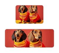 Cute Dachshund Kitchen Mat Set of 2, Flannel Non-Slip Absorbent Runner Comfort Standing Mats, Washable Kitchen Rugs for Floor Sink Laundry Entryway, 16x24 + 17x47 Inch