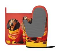 Cute Dachshund Oven Mitts and Pot Holders Set 2 Pcs Heat Resistant Oven Gloves Hot Pads Non-Slip Silicone Kitchen Mitts Potholders for Cooking Baking Grilling