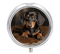 Cute Dachshund Pill Box - 3 Compartment Travel Pill Organizer with Small Mirror, Portable Pillcase for Pocket & Purse, Cute Round Medicine Case, Weekly Medicine Container